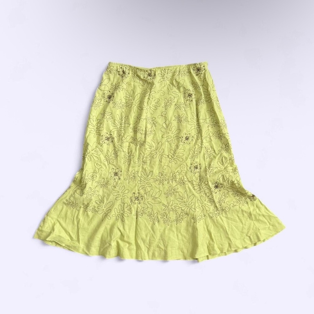 Vintage 90s Linen Blend Floral Embroidered Beaded Skirt Dialogue Flare Hem